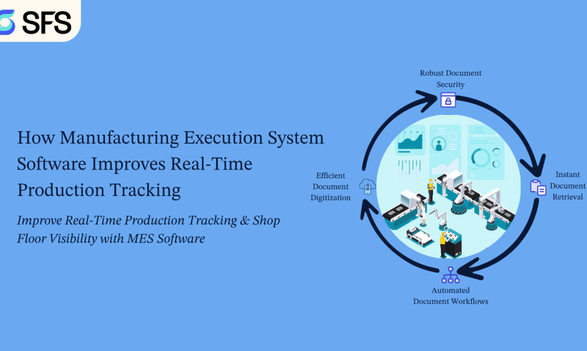 Manufacturing Execution System Software dashboard showing real-time production tracking, shop floor monitoring, workflow management, and manufacturing analytics.